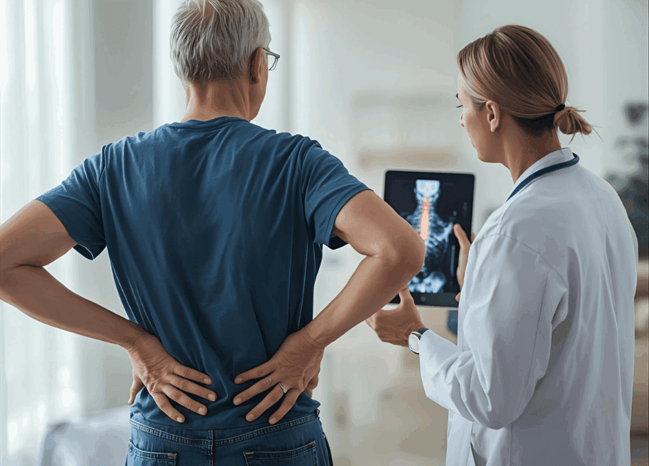 A guy holding his back for checkup