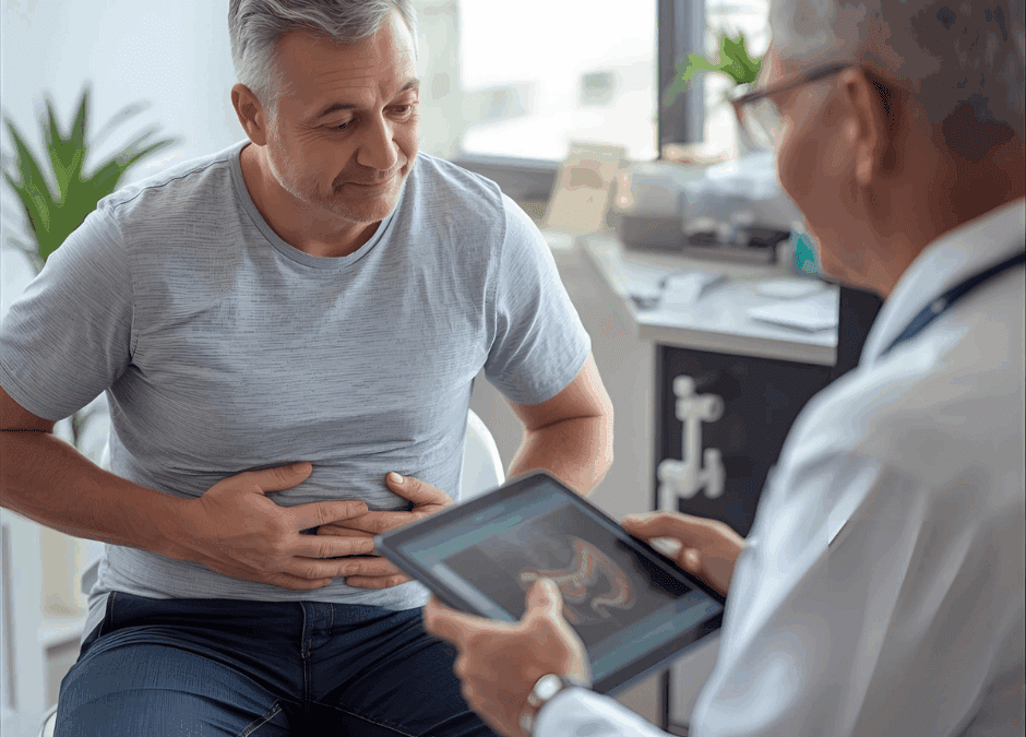 Old guy having a checkup holding his stomach with a doctor