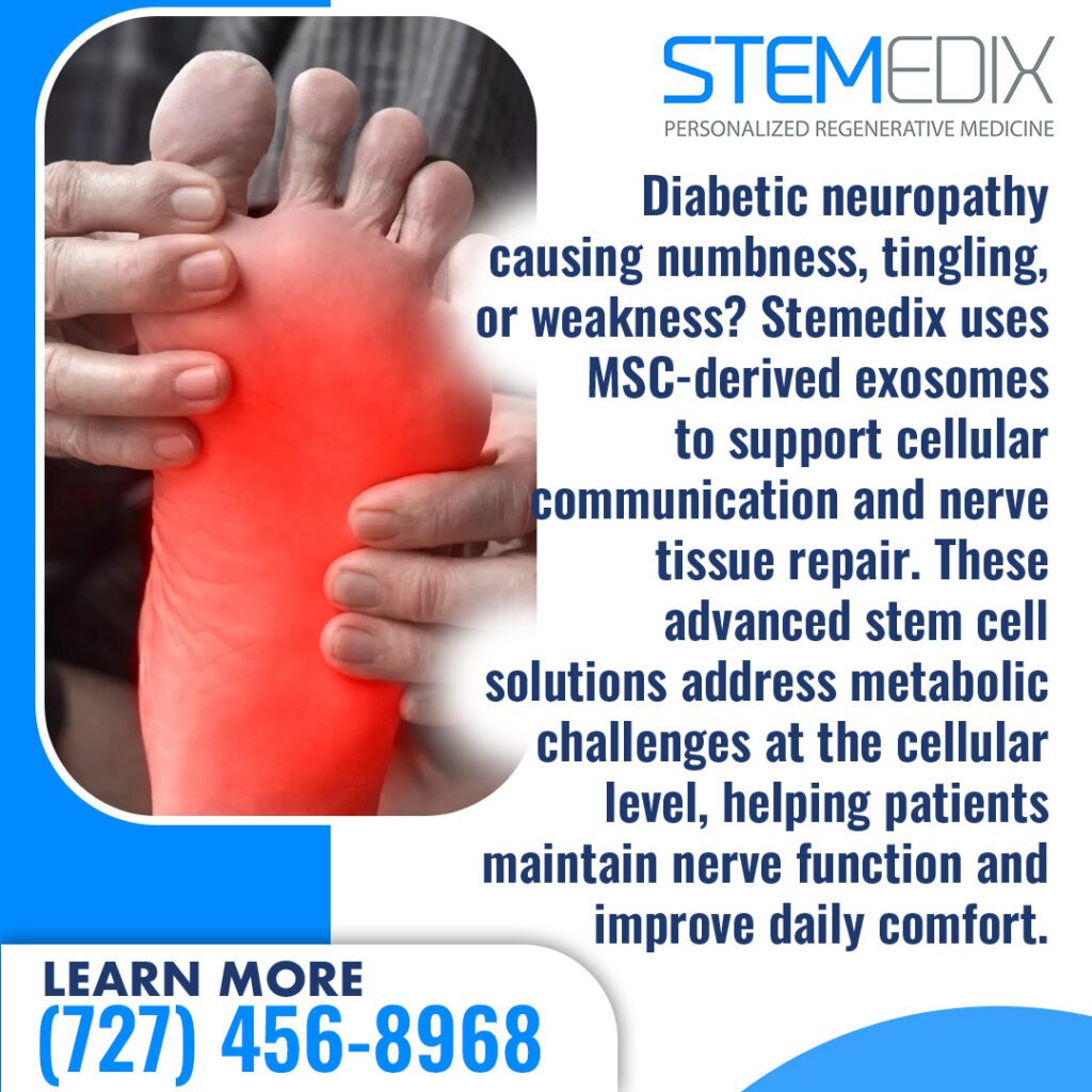 Close-up of a foot highlighted in red showing neuropathy discomfort. STEMEDIX uses MSC-derived exosomes to support nerve repair and cellular communication for daily comfort. 