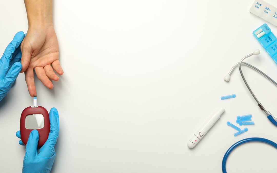 Healthcare professional checking a patient’s blood sugar level using a glucose meter during a diabetes test.