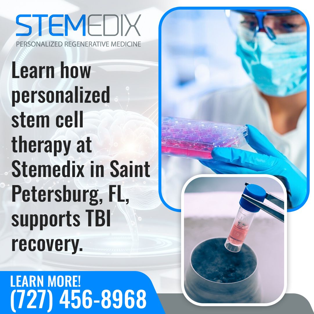 A medical professional in a lab coat and gloves working with petri dishes containing stem cells, with the Stemedix logo and text promoting personalized stem cell therapy for Traumatic Brain Injury (TBI) recovery in Saint Petersburg, FL.