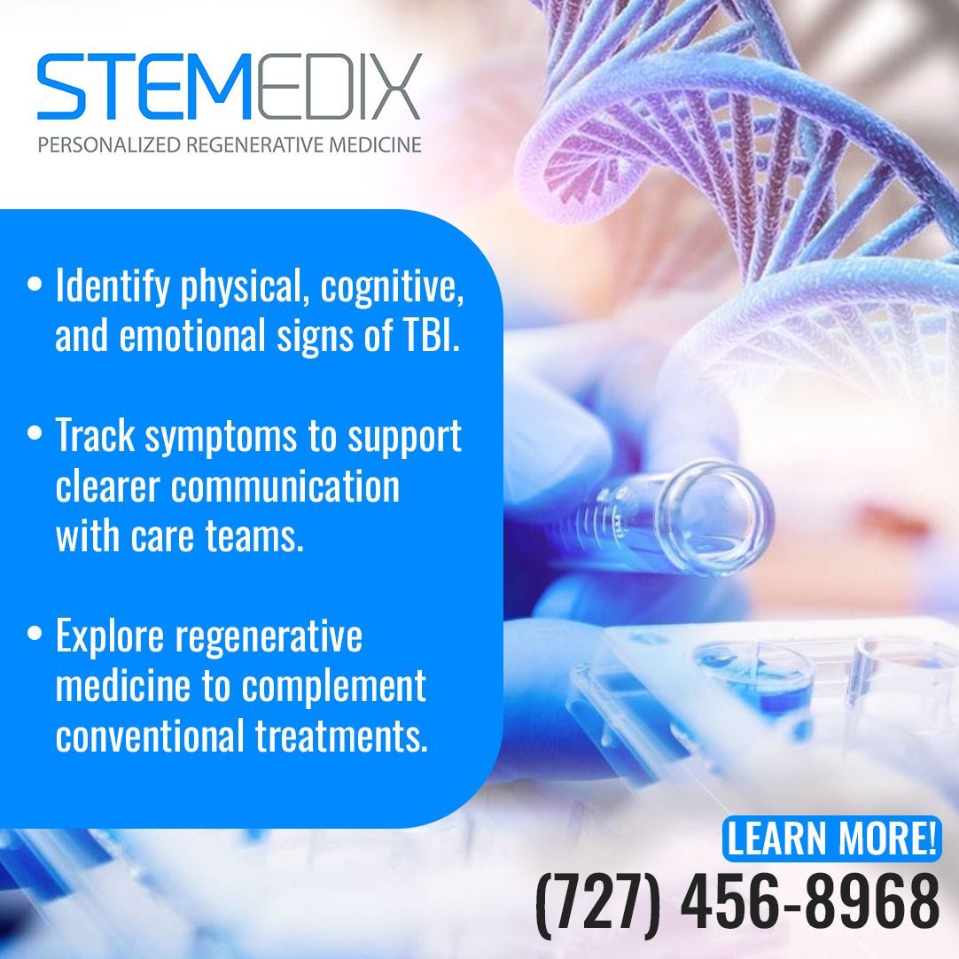 A visually striking image combining a brain scan with lab equipment, promoting Stemedix’s services for TBI recovery.
